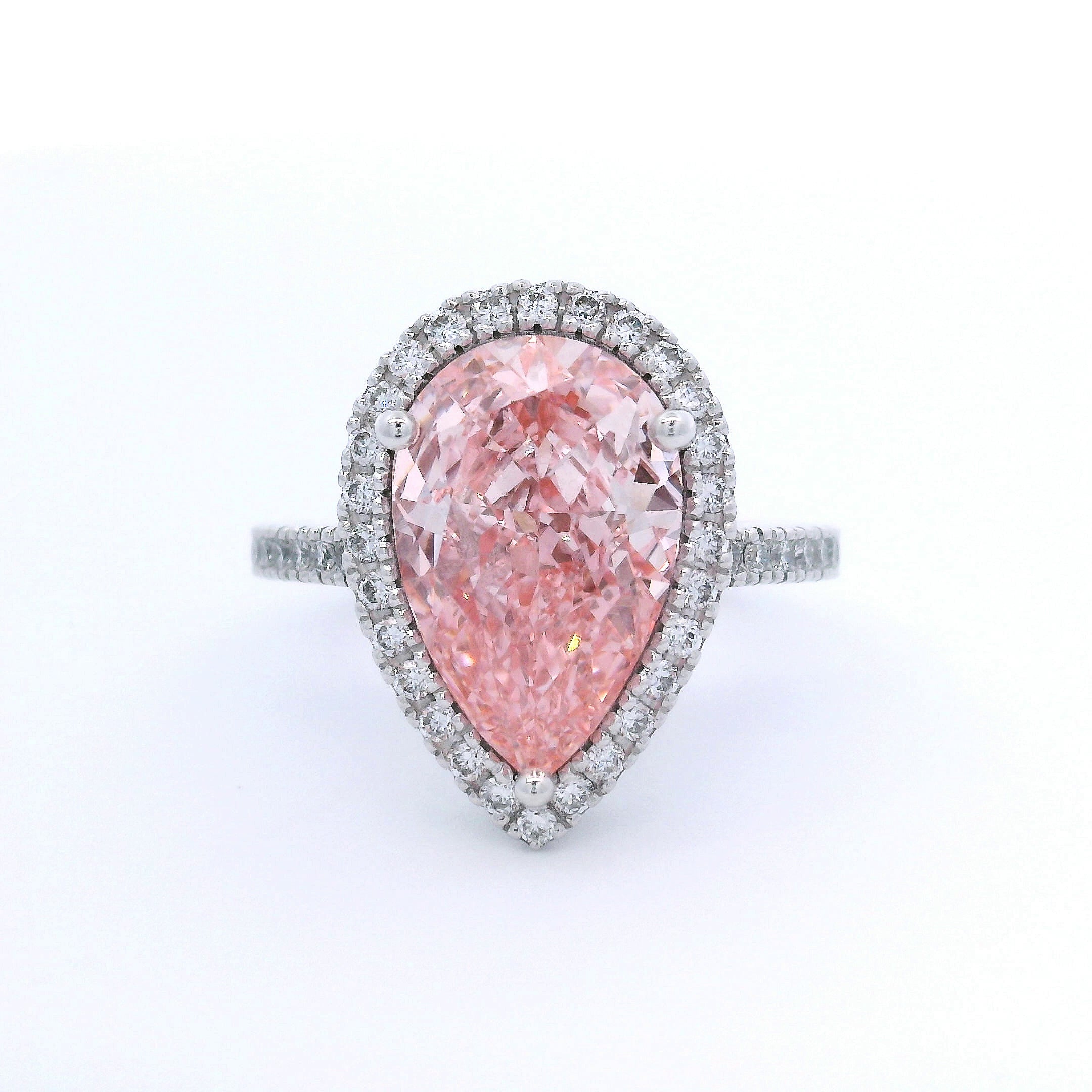 18k White Gold 5ct Fancy Vivid Pink Pear Shaped Lab-Grown Diamond Halo Ring