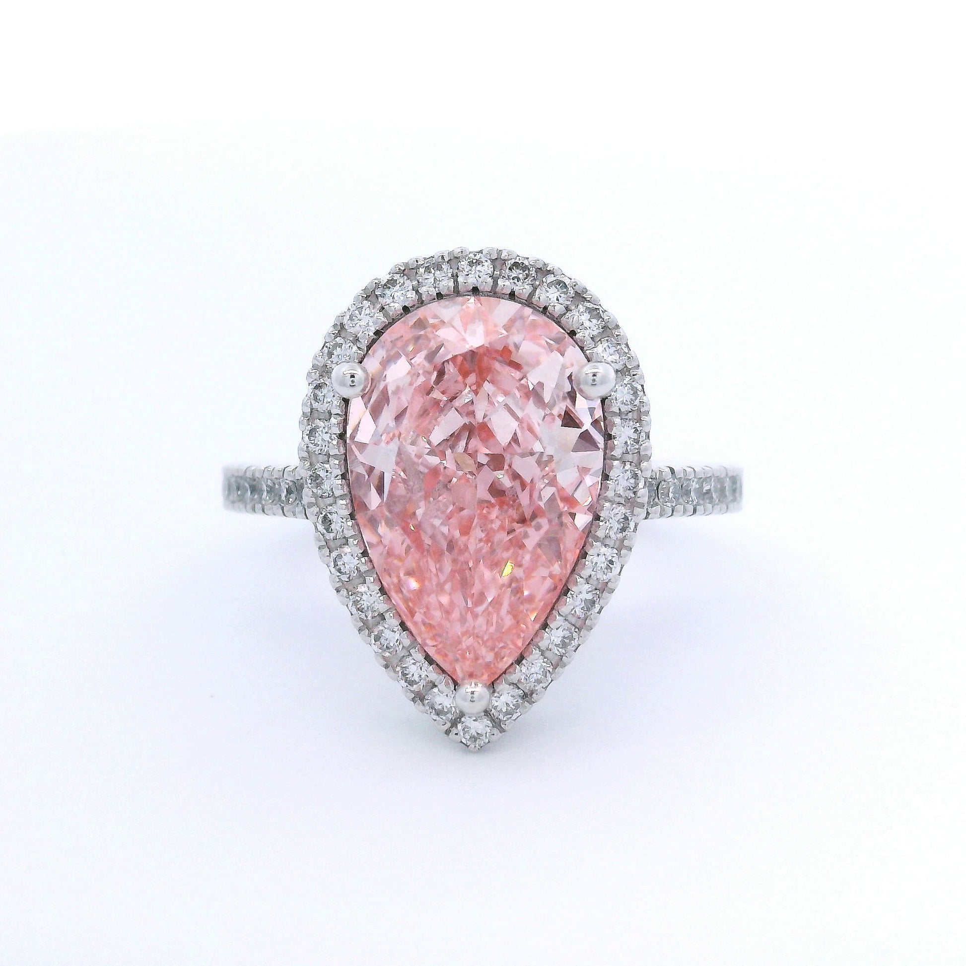 18k White Gold 5ct Fancy Vivid Pink Pear Shaped Lab-Grown Diamond Halo Ring