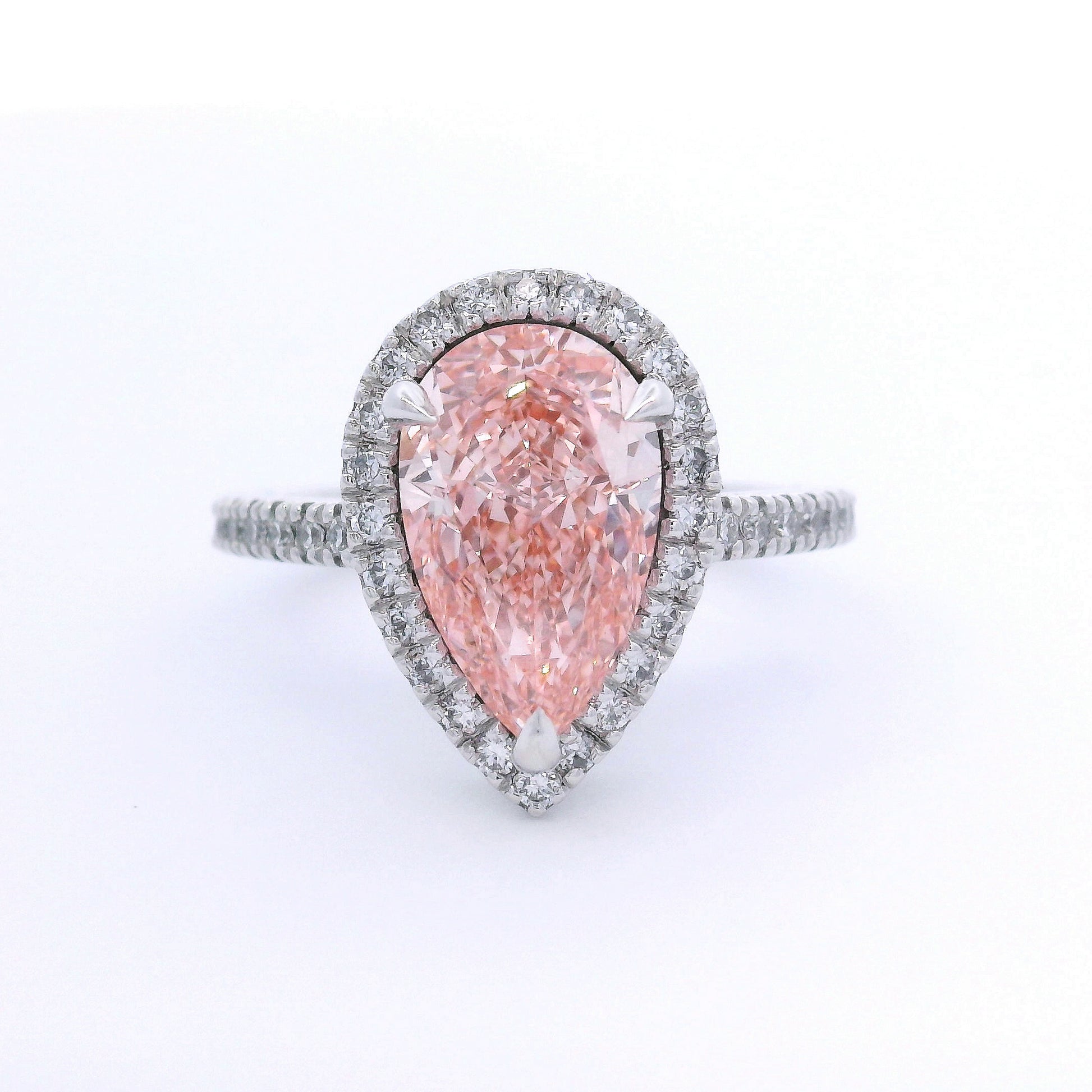 18k White Gold 3ct Fancy Vivid Pink Pear Shaped Lab-Grown Diamond Halo Ring