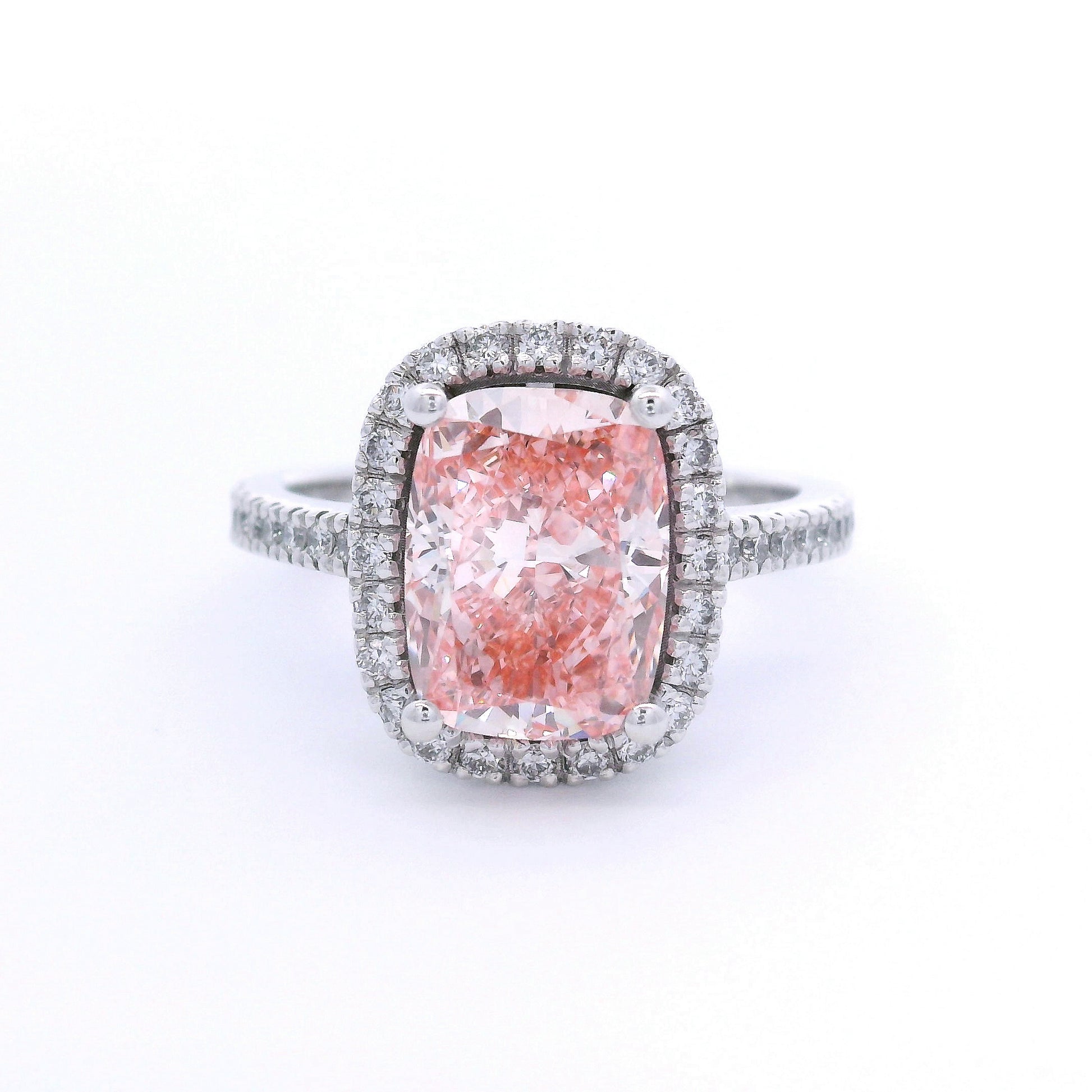 18k White Gold 3ct Fancy Vivid Pink Cushion Cut Lab-Grown Diamond Halo Ring