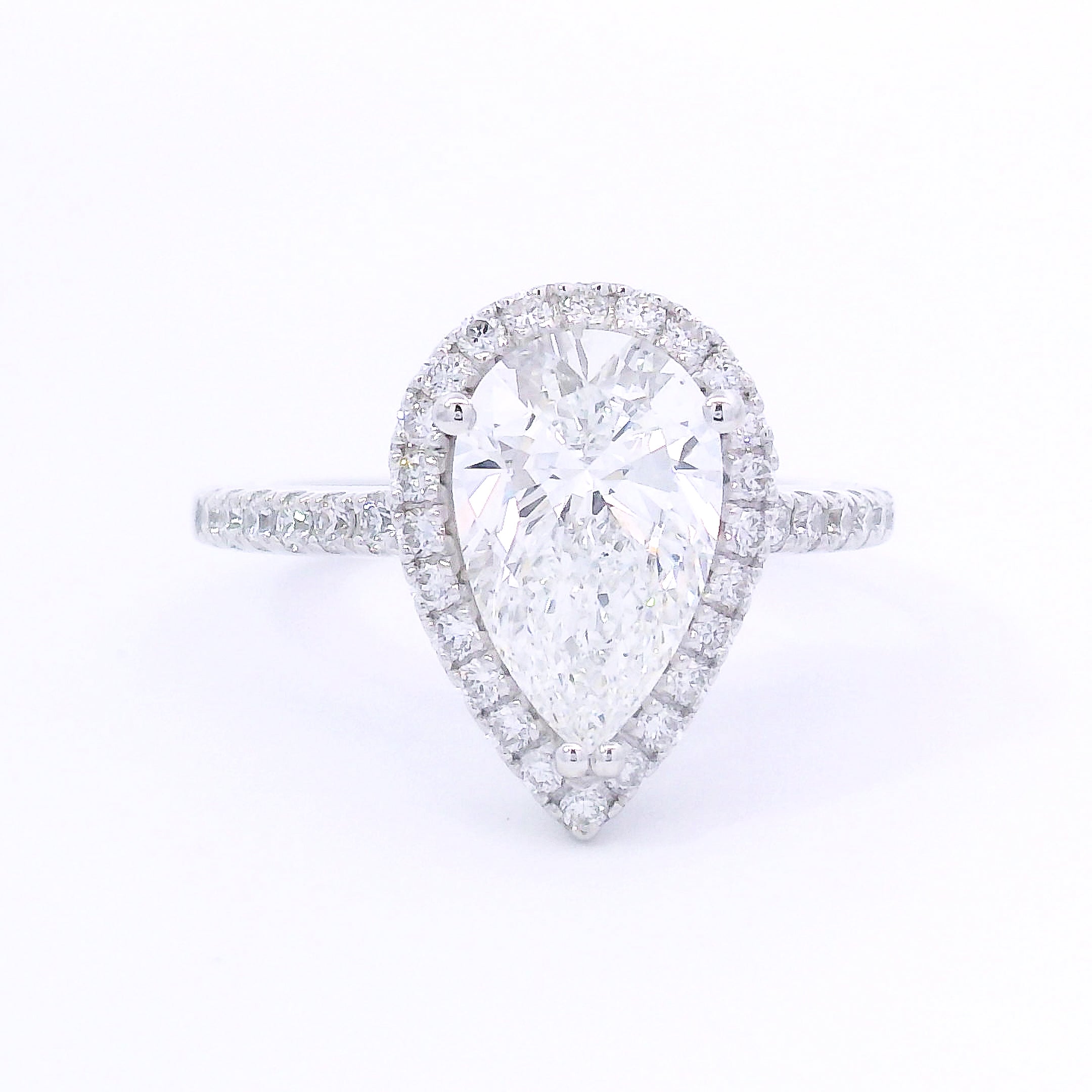 9k White Gold Pear Shaped Halo Lab-Grown Diamond Solitaire with Diamond Band