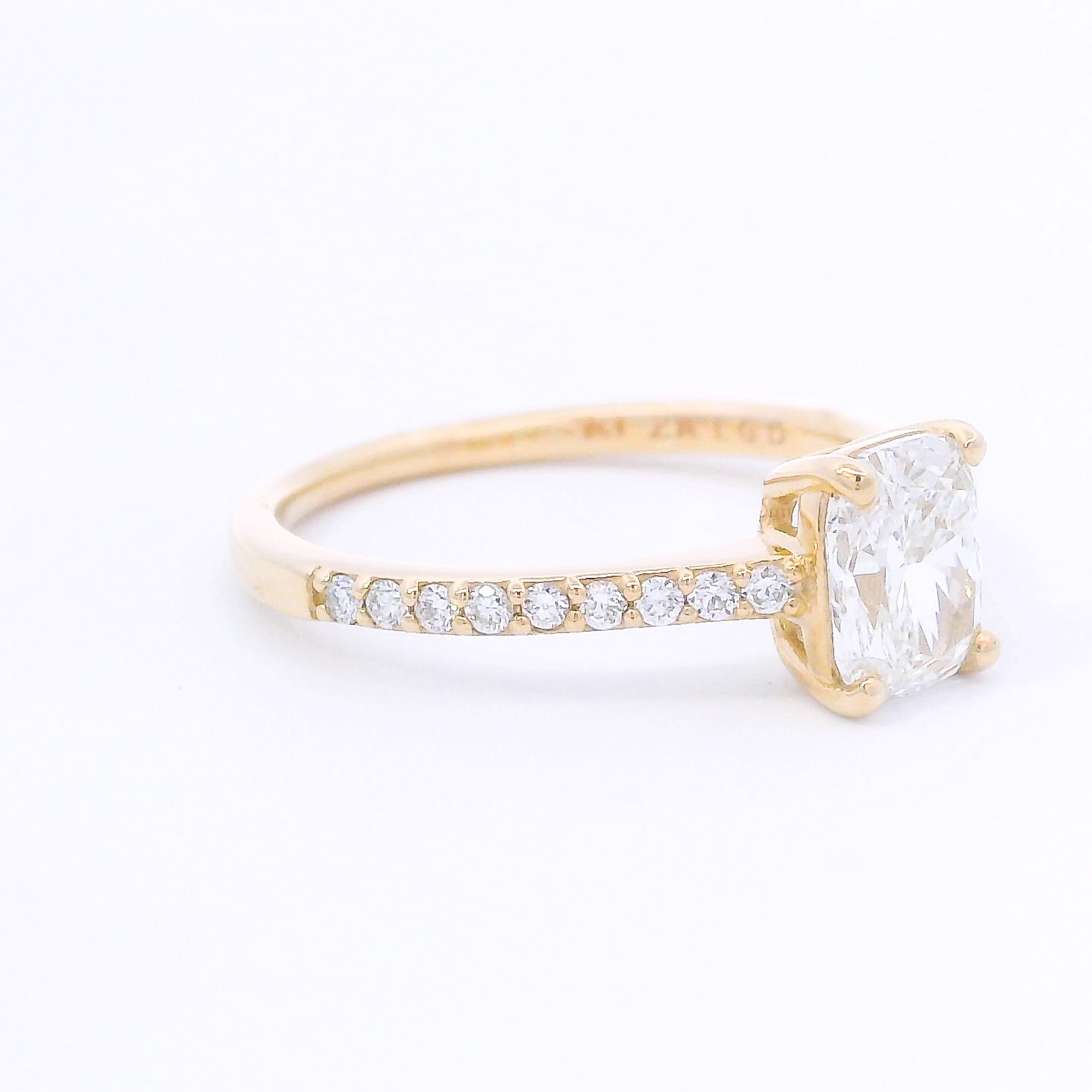 9k Yellow Gold Cushion Cut Lab-Grown Diamond Solitaire with Diamond Band