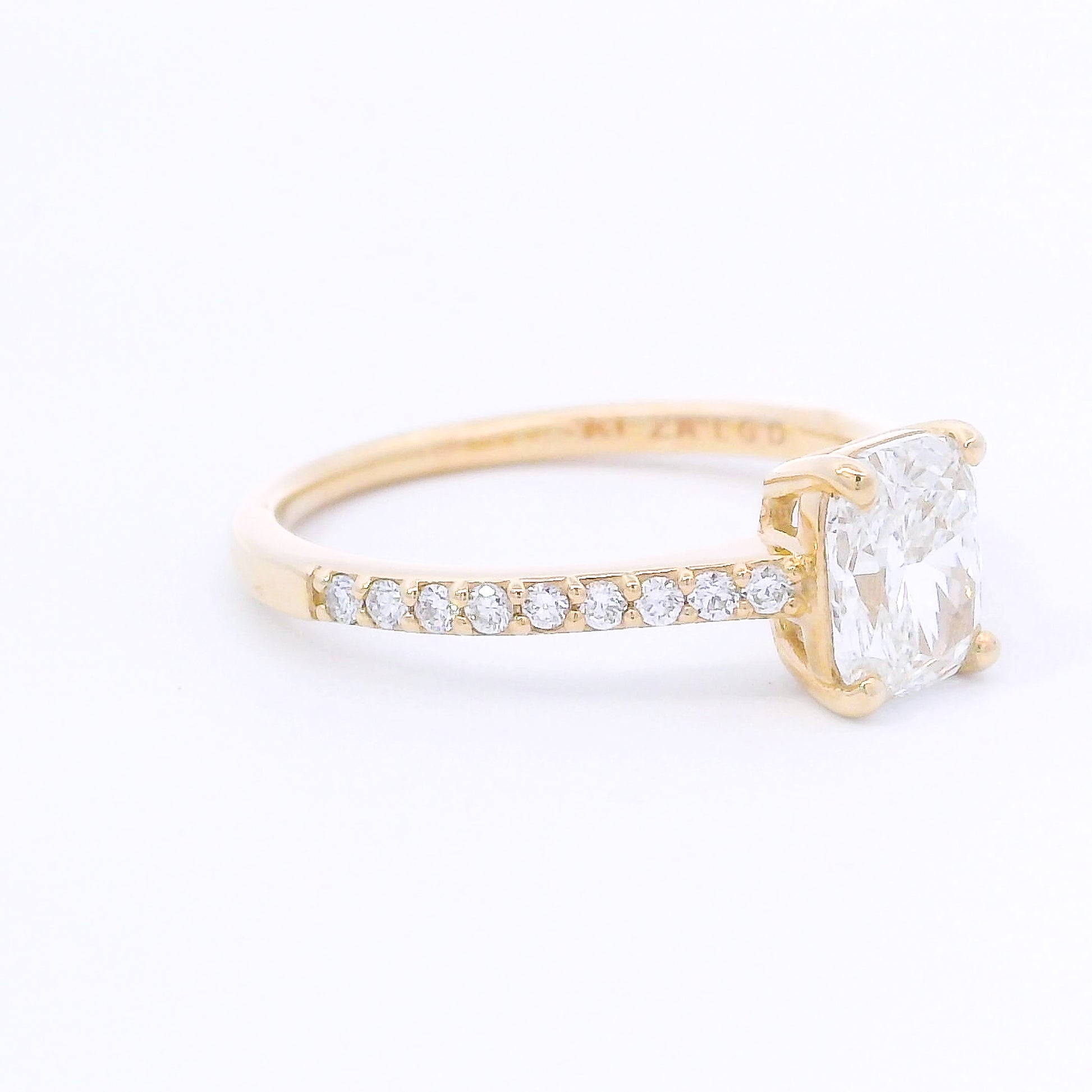 9k Yellow Gold Cushion Cut Lab-Grown Diamond Solitaire with Diamond Band