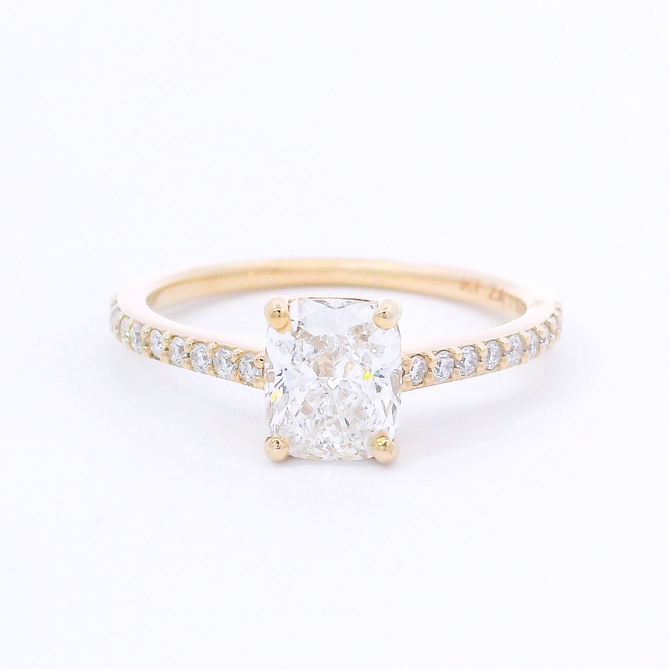 9k Yellow Gold Cushion Cut Lab-Grown Diamond Solitaire with Diamond Band