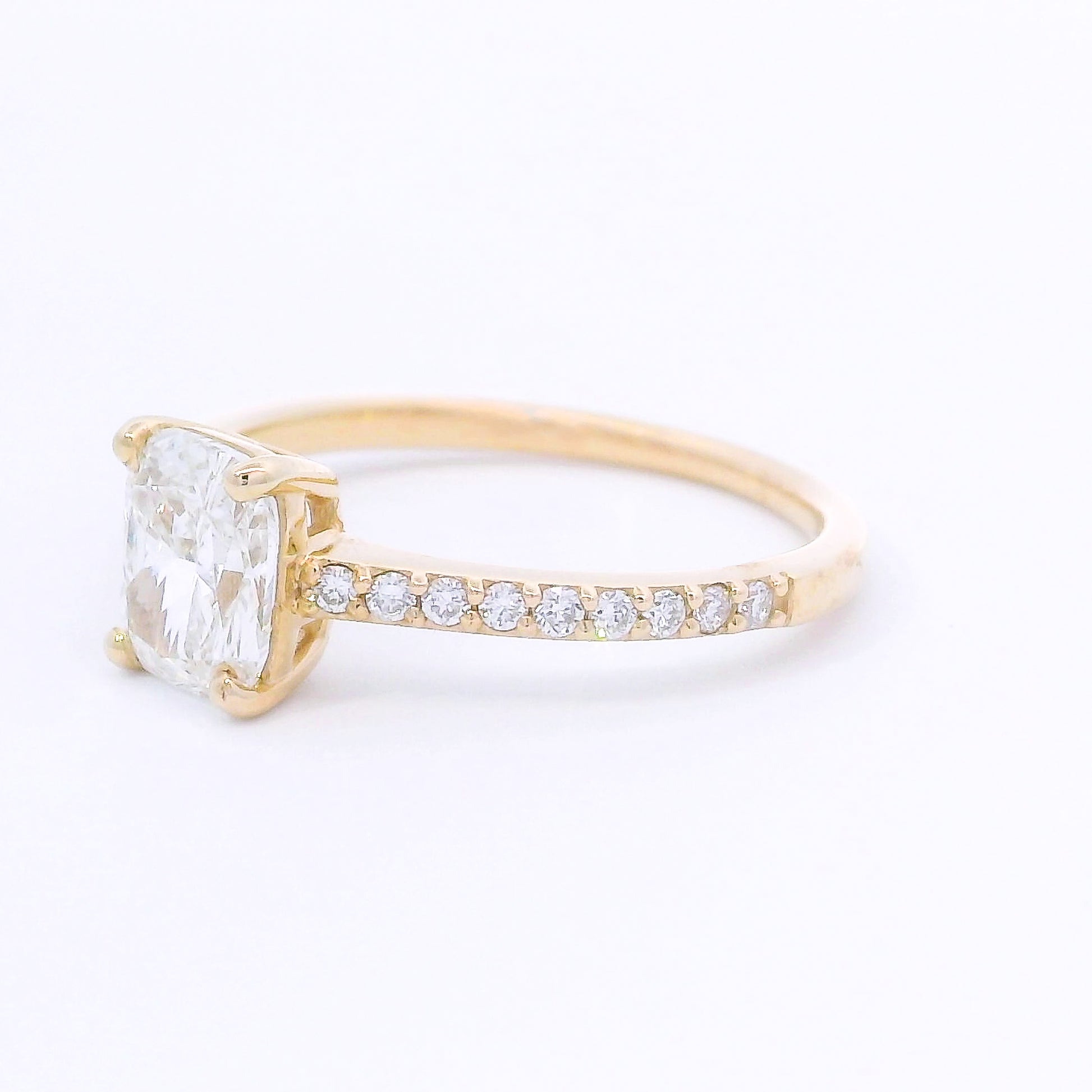 9k Yellow Gold Cushion Cut Lab-Grown Diamond Solitaire with Diamond Band